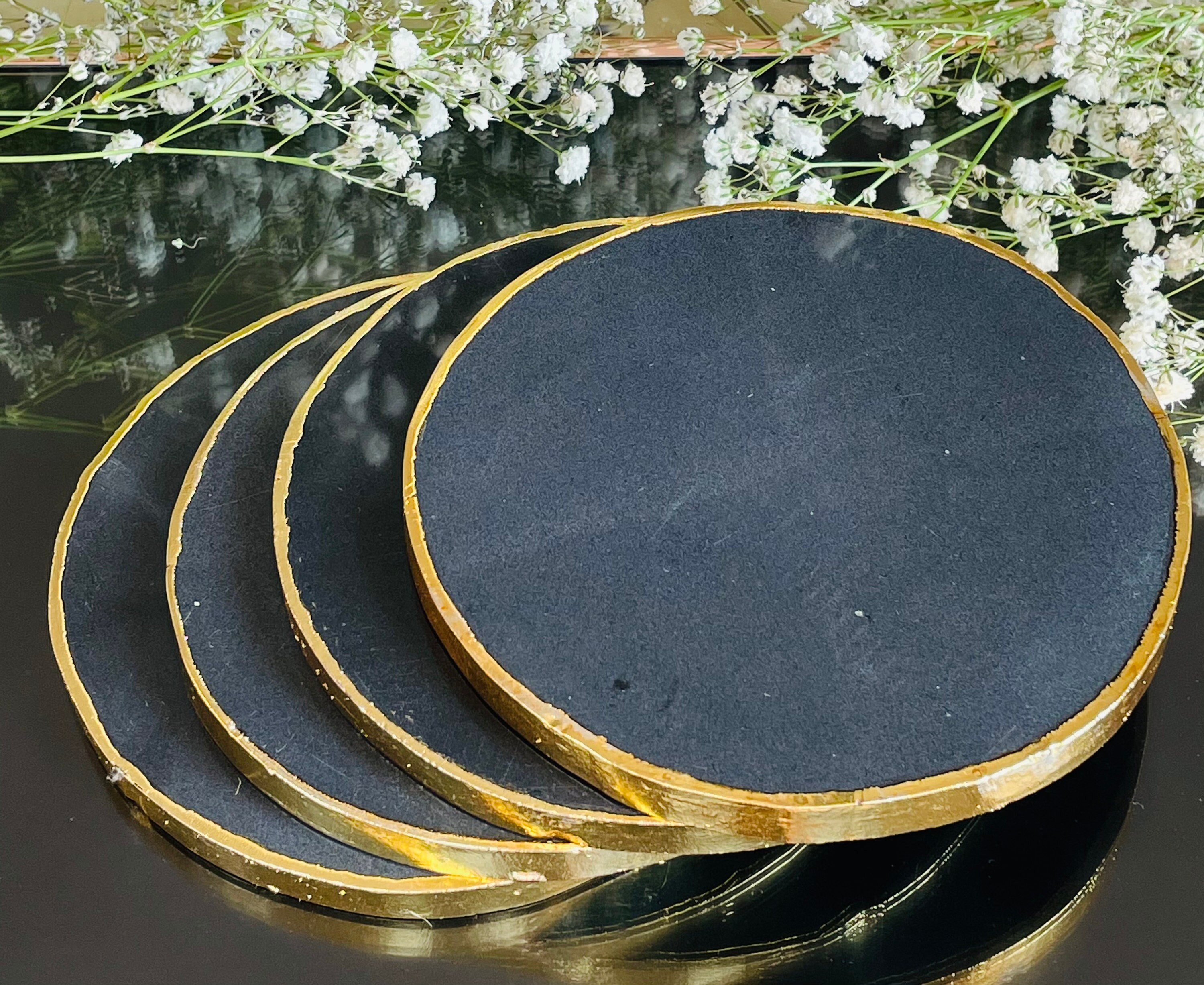 Black Agate Luxury Coasters with Gold Plated Edge Round Etsy