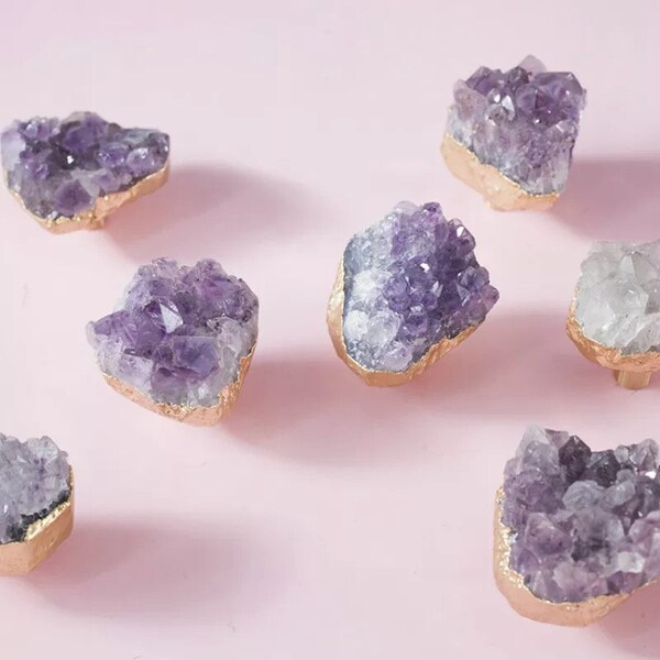 Set of 5 Natural Amethyst, Rose Quartz Drawer Knobs with Screws, Luxurious Cupboard Pulls for your Home.Transform any Room