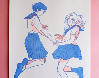 SCHOOL GIRLS - Risography Print A3 / Digital Art, Illustration, Home decor, japan, riso, print