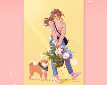 FRESH FLOWERS - Art Print / Digital Art, Illustration, Home decor, shiba inu, colorful, cute, pink, spring vibes, bright colors