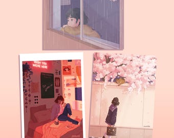 DIN A4 Art Print / Digital Art, Illustration, Home decor, japanese, sakura, lofi, pastel, kawaii, print, manga