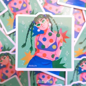 90s VIBES GIRL - adesivo olografico/effetto olografico, olografico opaco, arte digitale, illustrazione, anni '90, stile anni '90, cancelleria, bullet journal, journaling