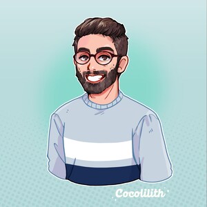 May include: Digital illustration of a smiling person with brown hair, a beard, and glasses. The person is wearing a light blue sweater with a white stripe across the chest and a dark blue bottom. The background is a gradient of teal and white.