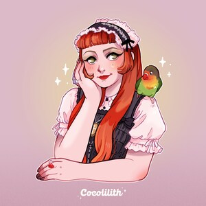 May include: Illustration of a person with red hair, wearing a black and white dress and a headband. A small green and orange bird perches on the person's shoulder. The image has a soft, pastel color palette and the artist's name, Cocolilith, is at the bottom.