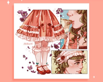 LOLITA SNAPS - Art Print / Digital Art, Illustration, Lolita Style, Gingham, Tea, Flowers, Red, Home decor, Bedroom, Cute, Roses, kawaii