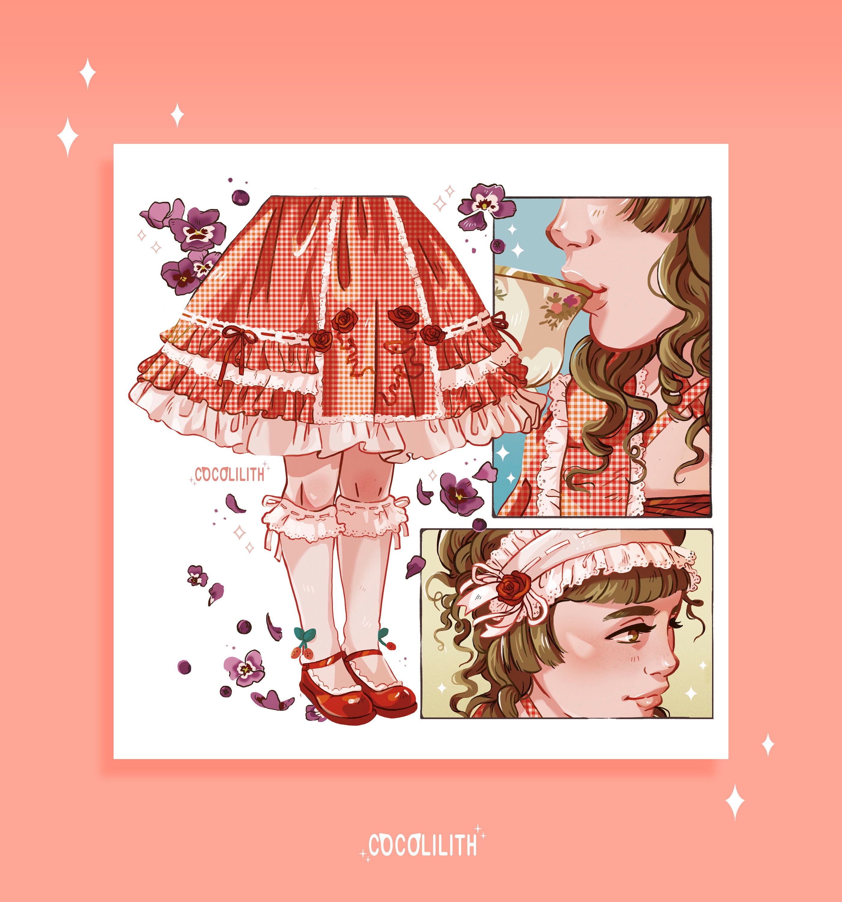 Lolita Snaps Art Print – Gingham, Roses, Tea, Kawaii (20cm X 20cm
