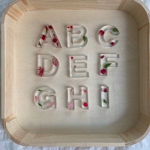 May include: Nine clear resin letters, A through I, with pressed flowers and petals inside. The letters are arranged in three rows on a wooden tray.