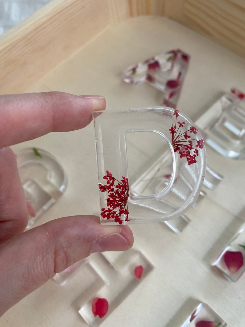 May include: Clear resin letter D with dried red flowers pressed inside. The letter is part of a set of letters that spell out the word "DAD".
