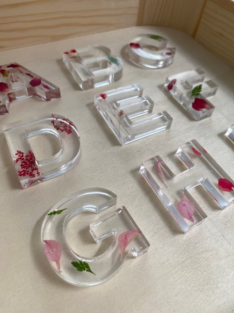 May include: Clear resin alphabet letters with pressed flowers and leaves inside. The letters are A, B, C, D, E, F, G, H.