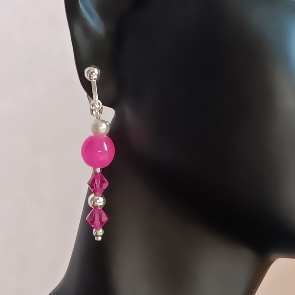 Damen Schmuck Set pink, Perlen Armband pink, Ohrhänger pink, lange Ohrclips, Damen Perlen Schmuck, Ohrclips pink, mit Silikon Clip-Polster