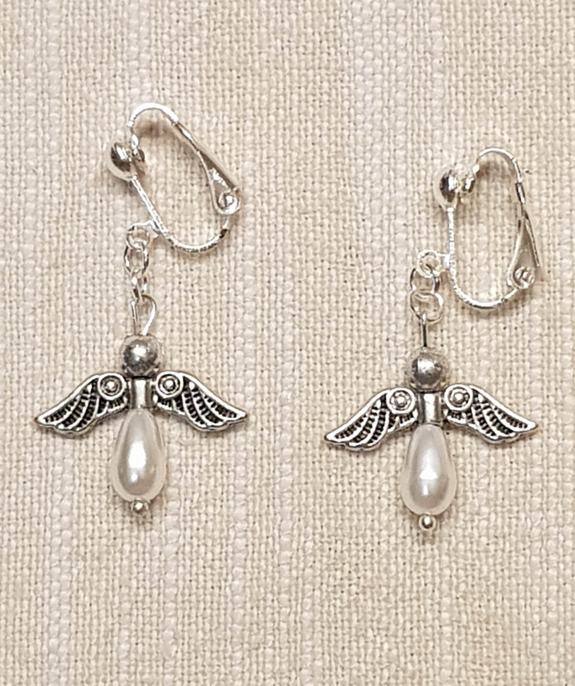 Ear clips Angel with pearls in black Earrings Angel elegant earrings with angel pendant black silver