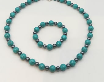 Conjunto/collar y pulsera de cuentas de howlita, cuentas de howlita/piedra natural, conjunto de joyas de howlita turquesa/pulsera y collar de cuentas de howlita flexibles