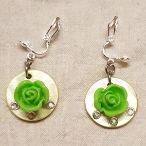 Women&#39;s ear clip roses lime green or lilac, earrings, ear clips, clips roses green with crystal, earrings roses, with silicone clip pad