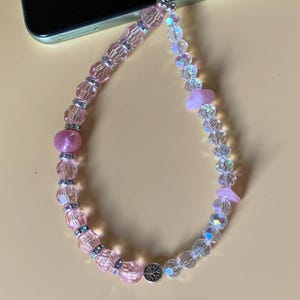 Handmade mobile phone chain, pink and clear pearls, short mobile phone chain, pink mobile phone strap, short mobile phone strap, tree of life mobile phone pendant, mobile phone accessory