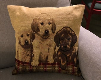 Labrador puppy cushion, Tapestry cushions, scatter cushions, handmade cushions complete with cushion pad.