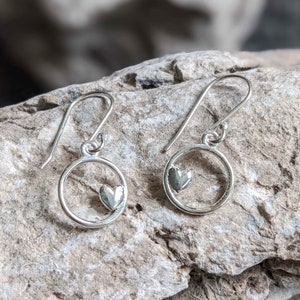 Dainty Little Heart Earrings, 925 Sterling Silver Dangle Earrings, Circle Drop Earrings, Heart Drop Earrings, Handmade, Gifts For Her