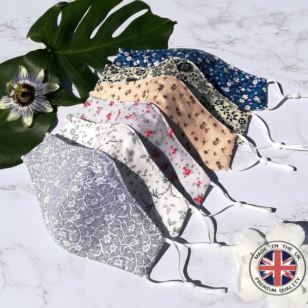 Fitted Face Mask UK, 100% Pure Cotton, Triple Layer Face Mask, Face Mask For Her, Floral Face Mask, Free Custom Sizes Available, Made In UK