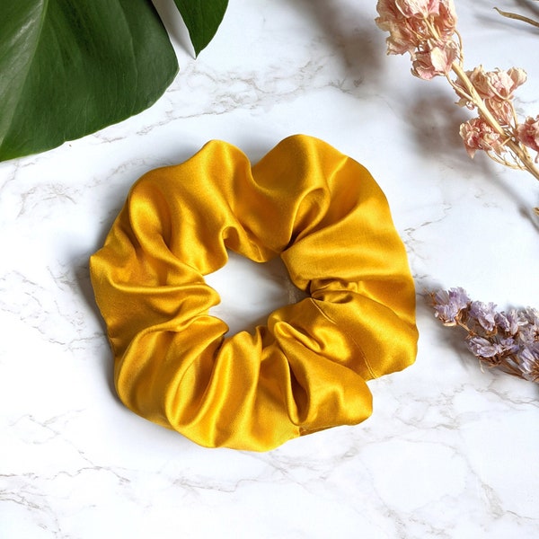 Luxury Silk Scrunchies, 100% Organic Bamboo Silk Scrunchies, Yellow Silk Hair Ties, Vegan Scrunchies, Gifts For Her, Handmade In UK