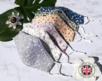 Fitted Face Mask UK, 100% Pure Cotton, Triple Layer Face Mask, Face Mask For Her, Floral Face Mask, Free Custom Sizes Available, Made In UK