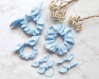 Blue Gingham School Hair Accessories, 100% Pure Cotton, Back To School Hair Bows Set, Blue Bobbles & Hair Clips, Handmade In UK