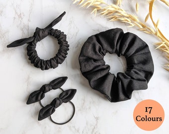 Black Hair Bow Accessories, 100% Pure Cotton, Black Hair Bows & Hair Clips, Black Bow Scrunchies, Handmade In UK