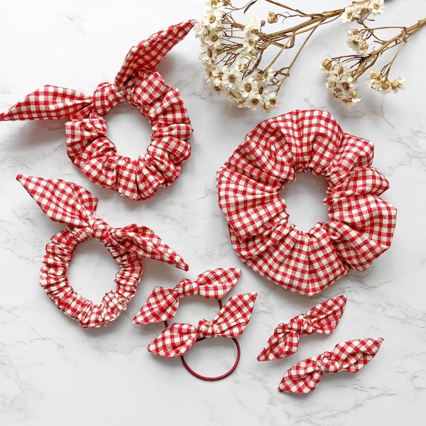 Red Gingham School Hair Bows, 100% Pure Cotton, Back To School Hair Accessories, Red Hair Bows, Red Hair Bobbles & Clips, Handmade In UK