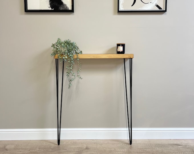 Rustic Console Table With Hairpin Legs, Radiator Shelf, Wooden Rustic