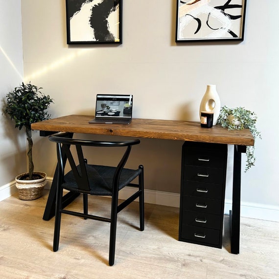 Rustic Wooden Top Office Desk Steel Z Style Legs Etsy