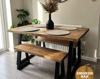 Rustic Dining Table and Bench Thick Trapezium Leg Frame