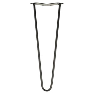 K&ouml;nnte beinhalten: Schwarzes Metall-Haarnadelbein f&uuml;r M&ouml;bel, mit gebogener Basis und flacher Oberplatte.