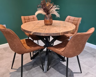 Rustic Reclaimed Wooden Round Dining Table - Steel crossed leg