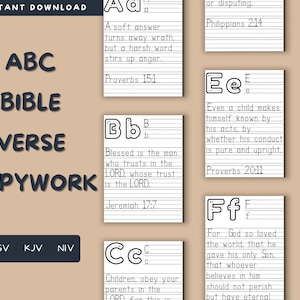 Copywork di versetti della Bibbia ABC, fogli di lavoro per tracciare l'alfabeto, copywork di scritture, pratica di scrittura a mano