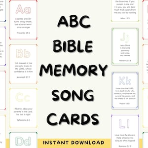 May include: A set of ABC Bible memory song cards featuring letters A through P, each paired with a specific Bible verse. The cards are arranged in a grid with colorful borders and clear text. The central text reads ABC BIBLE MEMORY SONG CARDS.