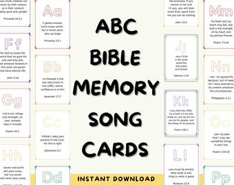 ABC Bible Memory Song Cards | Alphabet Bible Verses | Christian Preschool Printable | Scripture Songs | Scripture Memory Cards
