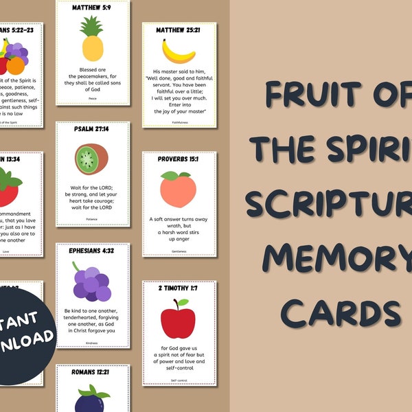 Fruit of the Spirit Scripture Memory, Fruit of the Spirit Flash Cards, Flash Cards, Scripture Cards, Scripture Memory, Bible Memory for Kids