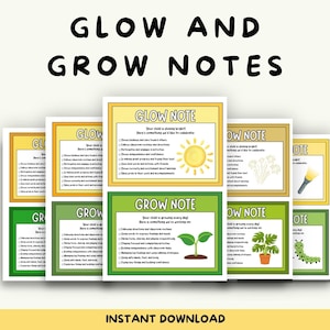May include: A set of Glow and Grow Notes printable cards featuring yellow and green headers. Each card includes checklists for positive behaviors and areas for improvement, decorated with icons like a sun, plant, flashlight, and caterpillar.