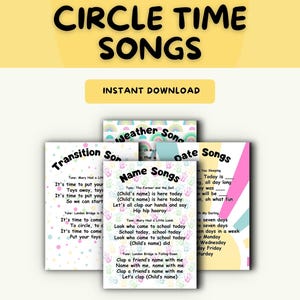 Puede incluir: Una colección de hojas de canciones educativas imprimibles tituladas Circle Time Songs, que incluyen letras para Transition Songs, Name Songs, Weather Songs y Date Songs. Las páginas tienen patrones de huellas de manos coloridas y fondos pastel.
