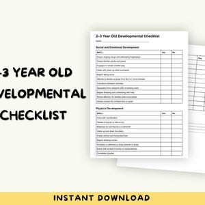 Könnte beinhalten: Eine Entwicklungs-Checkliste für 2-3-Jährige auf weißem Papier mit schwarzem Text und Rasterlinien. Das Dokument enthält Abschnitte für soziale, emotionale und körperliche Entwicklungsfähigkeiten mit Spalten für Ja- und Nein-Antworten zur Fortschrittskontrolle.