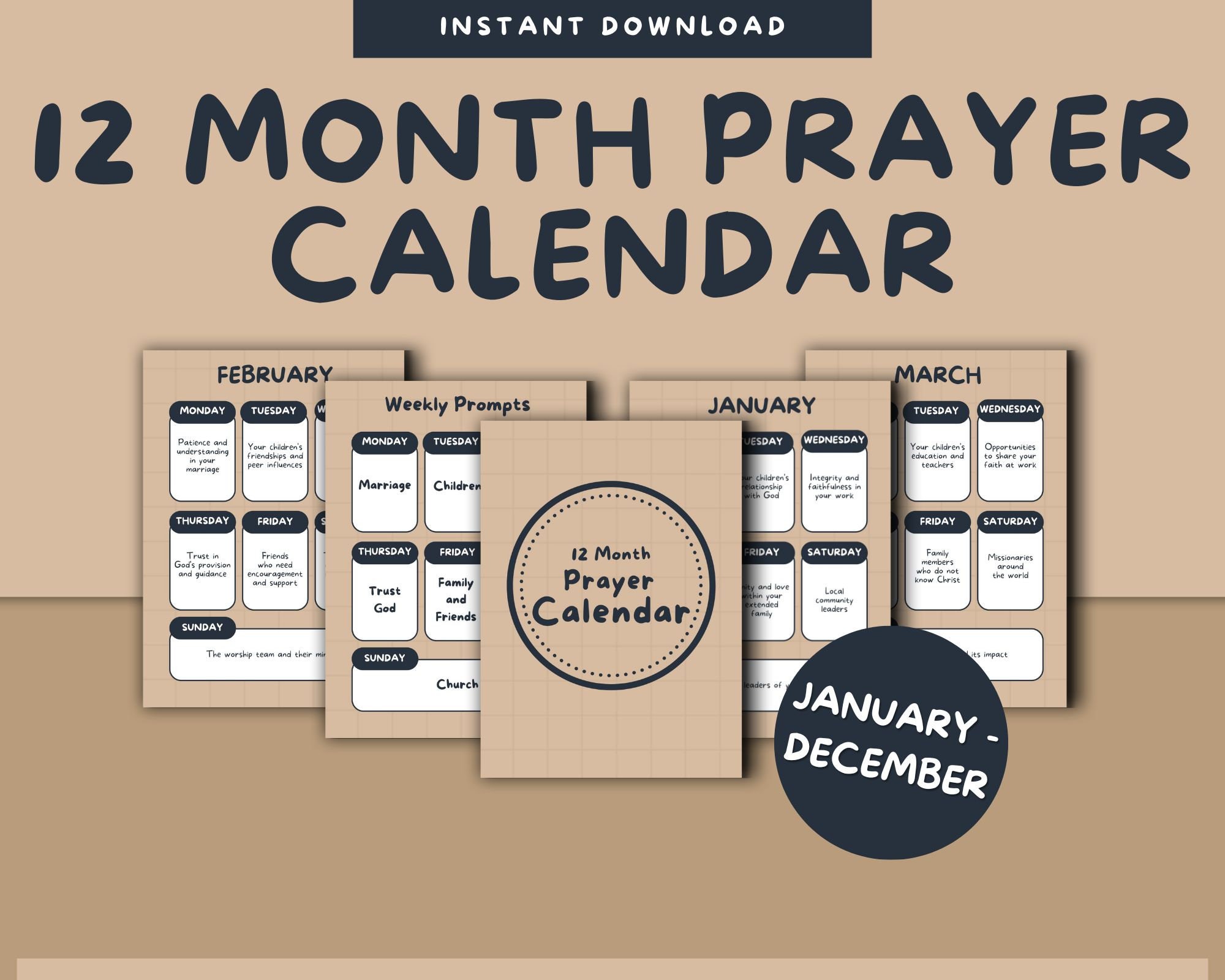 Prayer Calendar Printable, Family Prayer Calendar, Yearly Prayer Prompts, 12 Month Prayer ...