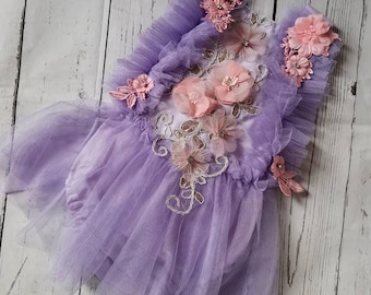 Purple Tulle Baby Romper: Newborn Photo Prop with Pink Flowers