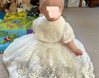 Lace Christening Dress: Off White French Lace, Embroidered Mesh