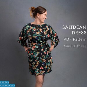 Vestido Saltdean Shift com bolsos, mangas quimono, molde de costura em PDF + vídeo tutorial - Iniciante - Tamanhos 8-30