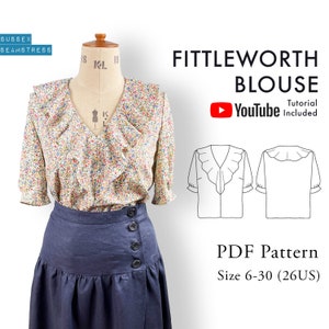 Fittleworth V Neck Blouse with Frill PDF Sewing Pattern + Tutorial Video - Size 6,8,10,12,14,16,18,20,22,24,26,28,30