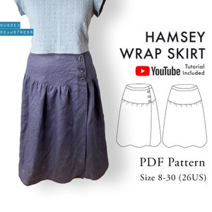 Hamsey Wrap Skirt PDF Sewing Pattern + Tutorial Video - Light Denim, Linen - Digital Pattern - Size 8,10,12,14,16,18,20,22,24,26,28,30