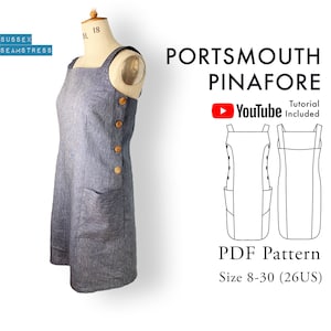 Portsmouth Pinafore Dress PDF Sewing Pattern + Tutorial Video - Digital Pattern - Size 8,10,12,14,16,18,20,22,24,26,28,30