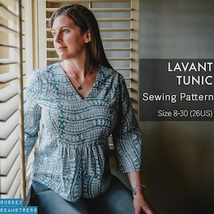 Lavant Women&#39;s V Neck Tunic Blouse Sewing Pattern + Tutorial Video - Size 8-30 - (SQ4841833)
