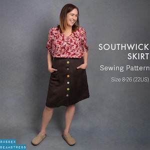 Buttoned Midi Skirt Sewing Pattern: Big Pockets, Denim-Friendly (Sizes 8-26)