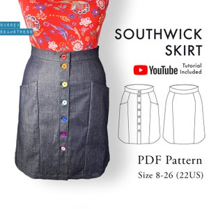 Southwick Midi Denim Skirt PDF Sewing Pattern + Tutorial Video - Big Pockets - Digital Pattern - Size 8,10,12,14,16,18,20,22,24,26