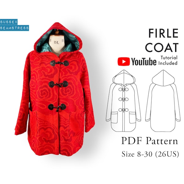 Firle Coat / Jacket PDF Sewing Pattern + Tutorial Video - Digital Download - Duffle Coat Style - Size 8,10,12,14,16,18,20,22,24,26,28,30