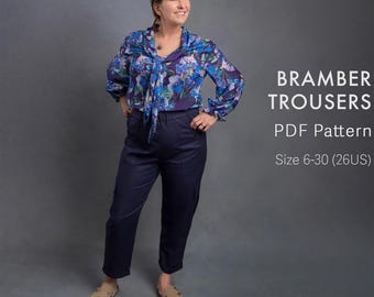 Bramber Women&#39;s High Rise Cargo Pants PDF Sewing Pattern - Loose Fit, Elastic Waist, Patch Pockets, Turn Up Hems - Size 6-30